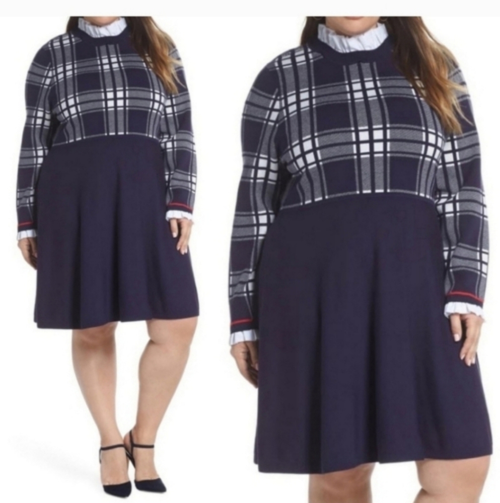 NEW 1901 Navy Blue Plaid Preppy Long Sleeve Sweater Red Dress White Stripe 2X
